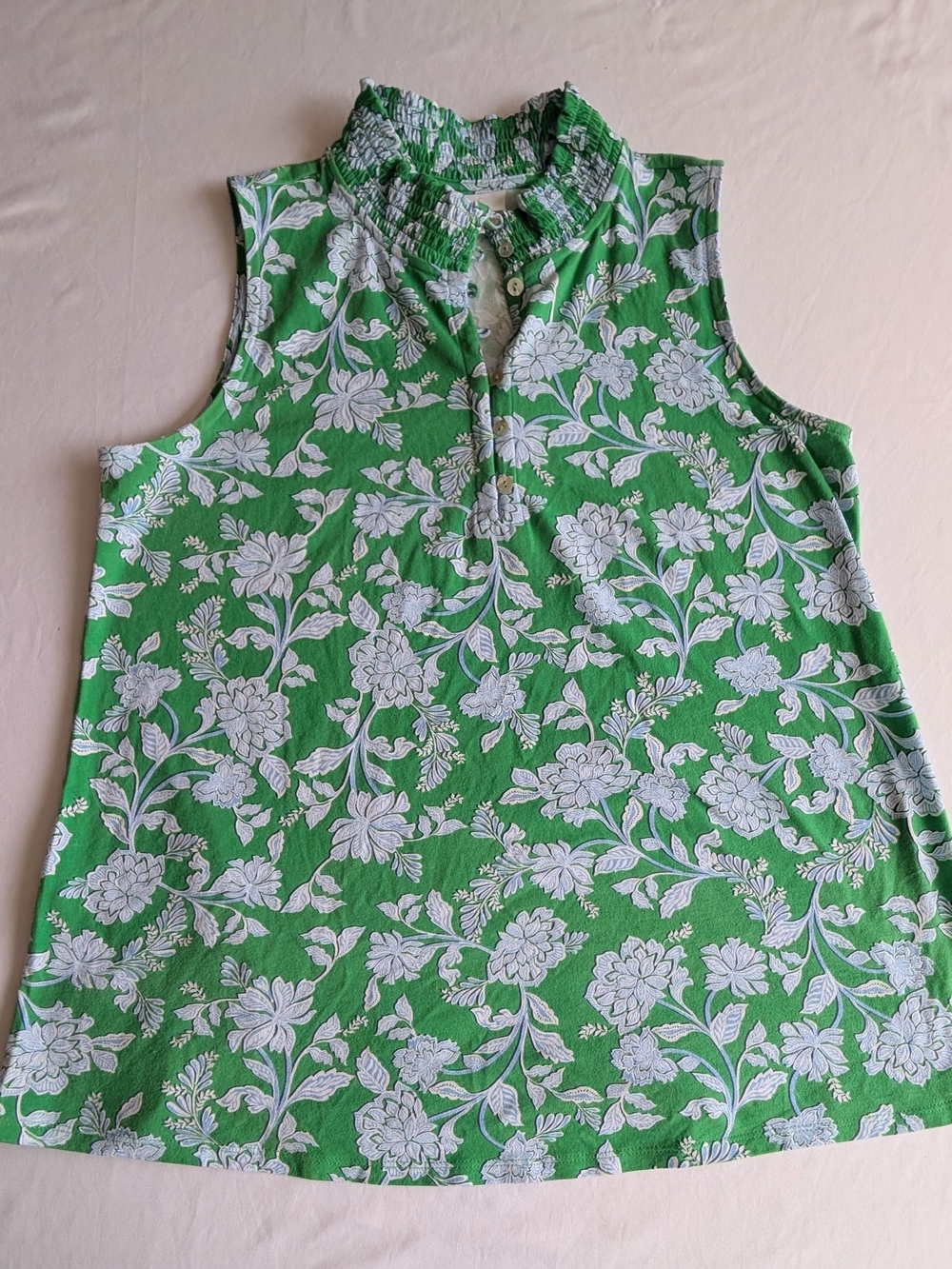 J. Jill Green and White Floral Ruffle-Neck Tank